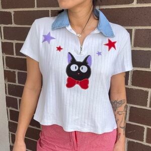 Jiji the black cat from Kiki’s Delivery Service upcycled patched vintage blouse